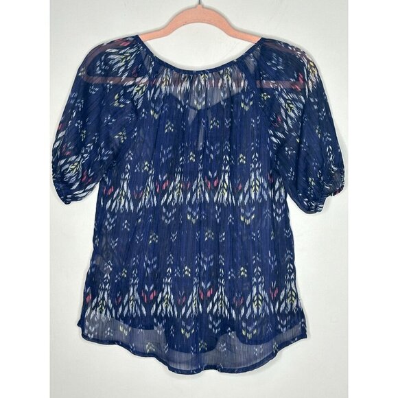 Mudd Sheer Blue Boho Print Blouse XS Short Puff Sleeves Tie Front Y2K - Picture 2 of 9
